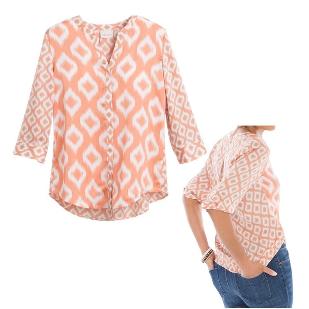 Chicos Southwestern Print Boho Satin Blouse Geometric Button Down Ikat Twin Sz 3
